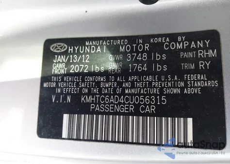 2012 Hyundai Veloster Base W/Black z USA, uszkodzony, nr VIN KMHTC6AD4CU056315